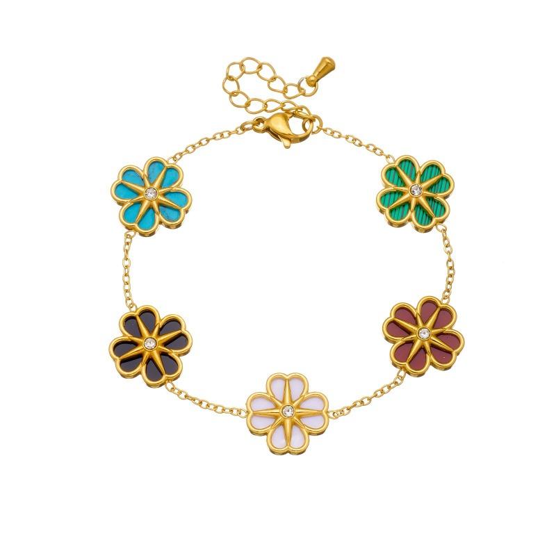 Gold Malachite Flower Zircon Bracelet For Women Dainty Jewelry