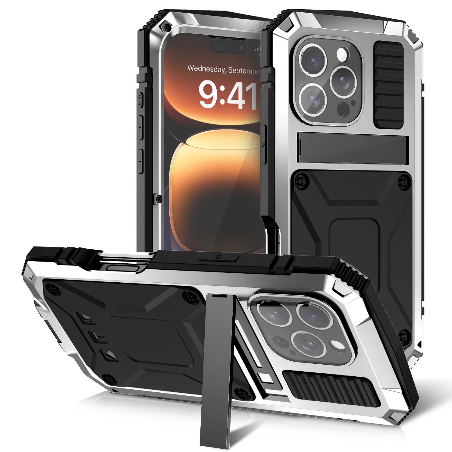 

R-JUST Чехол для iPhone 16 Pro Max PC+Силикон+Металлическая подставка Чехол для телефона с защитной пленкой из закаленного стекла Silver