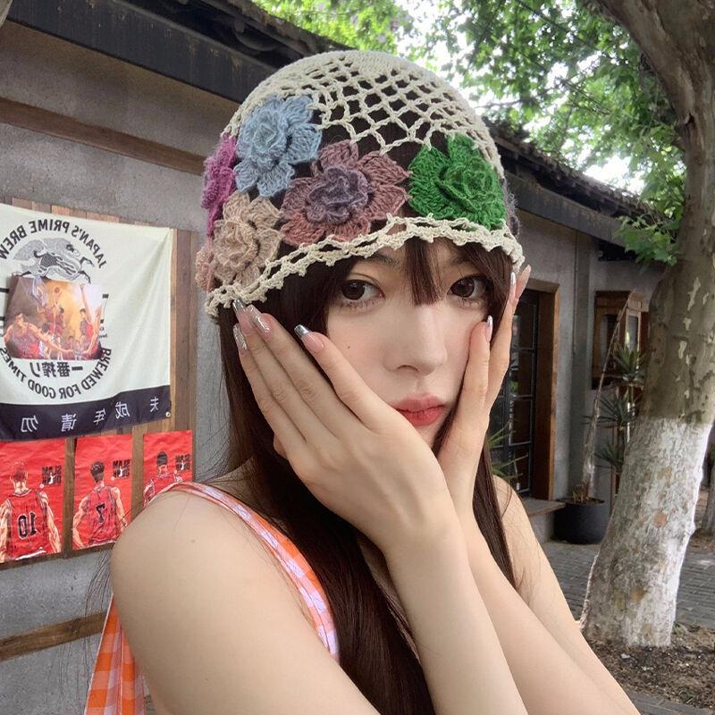 Japanese Hyunya Style Flower Hollow Knitted Hat Women'S Autumn And Winter Handmade Colored Sweet Wool Hat Literary Bag Head Hat