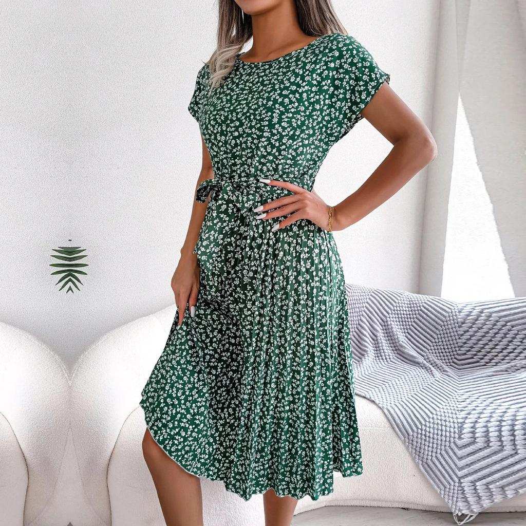 Damen Frühling Sommer Kurzarm Hohe Taille Schickes Kleid Mode Blumenmuster Plissee A-Linie Langes Kleid
