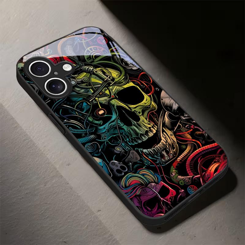 Neon Tech Skull Graffiti Black Glass Phone Case For iPhone 17 Air 16 E 15 Plus 14 Pro Max 13 12 Mini 11 5 6 7 8 Plus XR X Cover