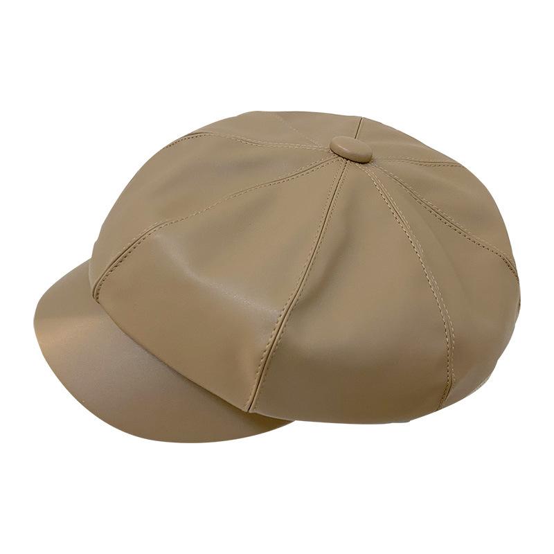 Winter Korean Style Student Cute Versatile Pu British Style Octagonal Hat Pumpkin Hat Korean Leather Beret Women
