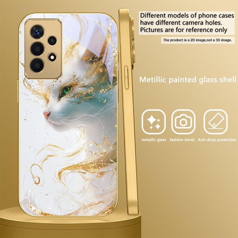 Fantastic white kitten For Samsung A50 A51 A52 A53 A54 55 56 14 15 13 16 26 31 32 33 34 35 70 71 72 73 Golden glass phone case