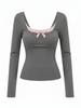 Women's Slim Fit Bow Square Neck T-shirt - Contrast Color, Long Sleeve, Waist Cinched, Sweet and Spicy Style, 260g Cotton Modal.