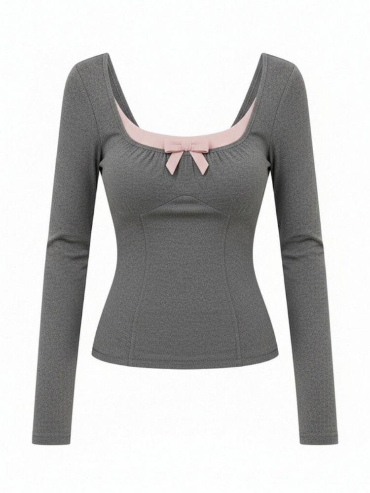 Women's Slim Fit Bow Square Neck T-shirt - Contrast Color, Long Sleeve, Waist Cinched, Sweet and Spicy Style, 260g Cotton Modal.