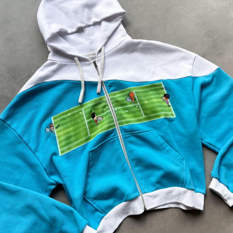 Womens Vintage Tennis Cartoon Embroidery Hoodie Blue White Contrast Casual Loose Zip Up Jacket