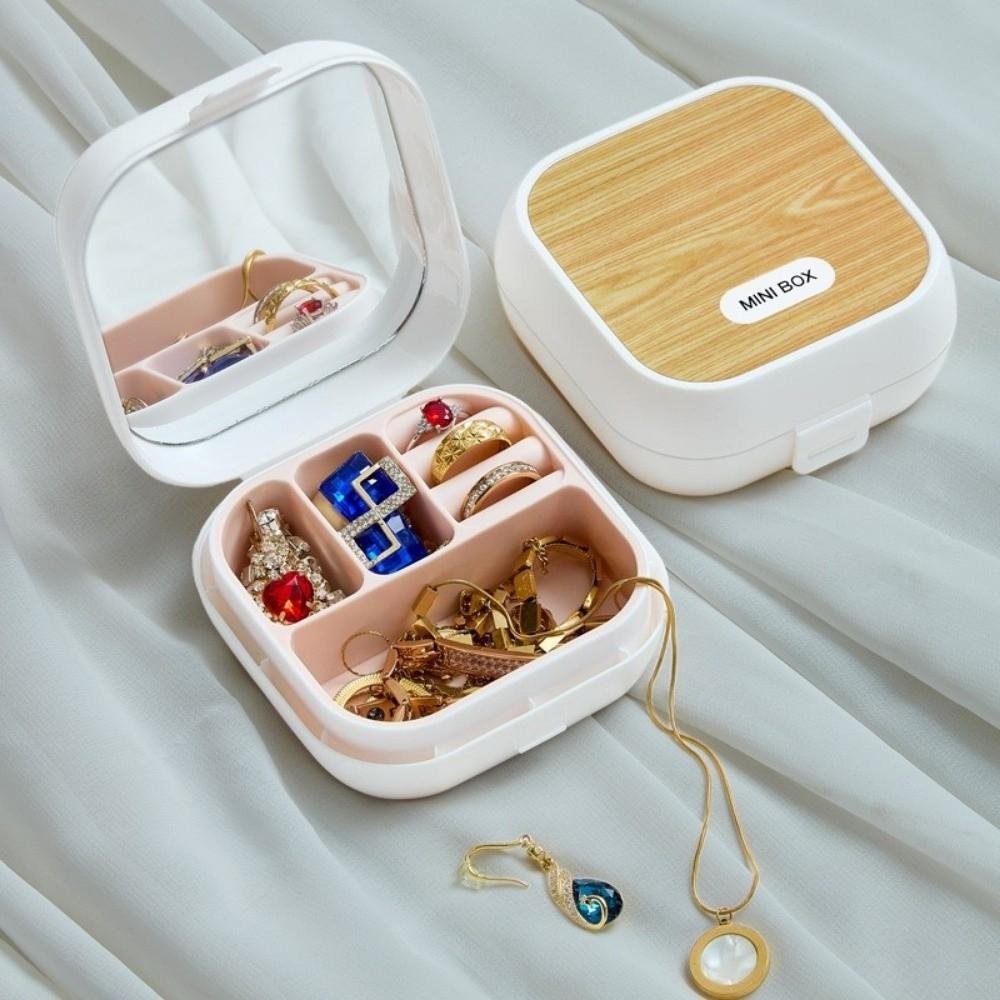 Portable Jewelry Box with Compartment Box with Mirror Small Desktop Organizer Makeup