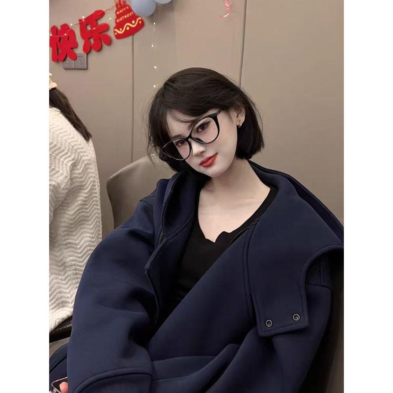 American vintage Gray Hoodie Women Winter Fleece-lined Thickened Loose Idle Style Casual Zip-up Cardigan Outerwear