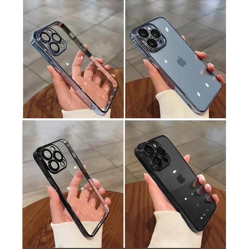 Luxury Plating Clear Phone Case For iPhone 17 Air 16 15 14 13 12 Pro Max Plus 13 Mini Full Lens Protector Silicone Cover Capa