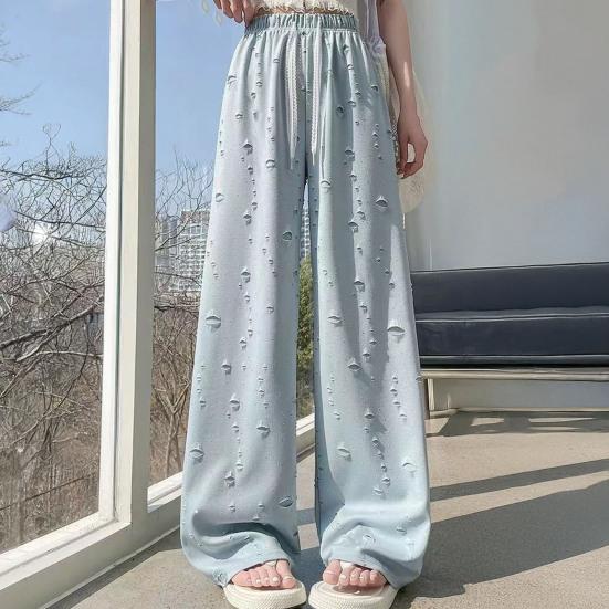 Damenhosen Elastisch Hohe Taille Verstellbarer Kordelzug Einfarbige Weiter Bein Lässige Hosen Durchlöchertes Design Lockere Passform Lang