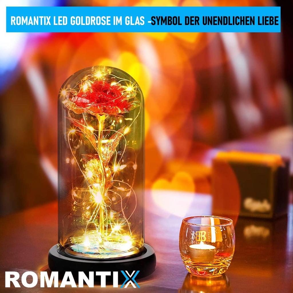 ROMANTIX Ewige Gold Rose im Glas Liebe Geschenk Valentinstag Muttertag LED Licht