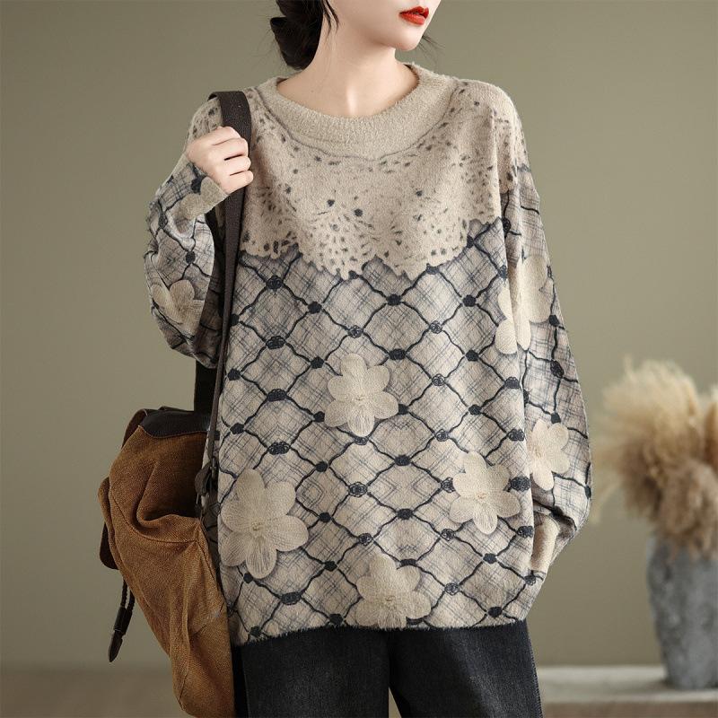 

Осенне-зимний принтованный модный свитер с круглым вырезом, свободный повседневный свитер с длинными рукавами, пуловеры и длинные рукава (Женский) One Size