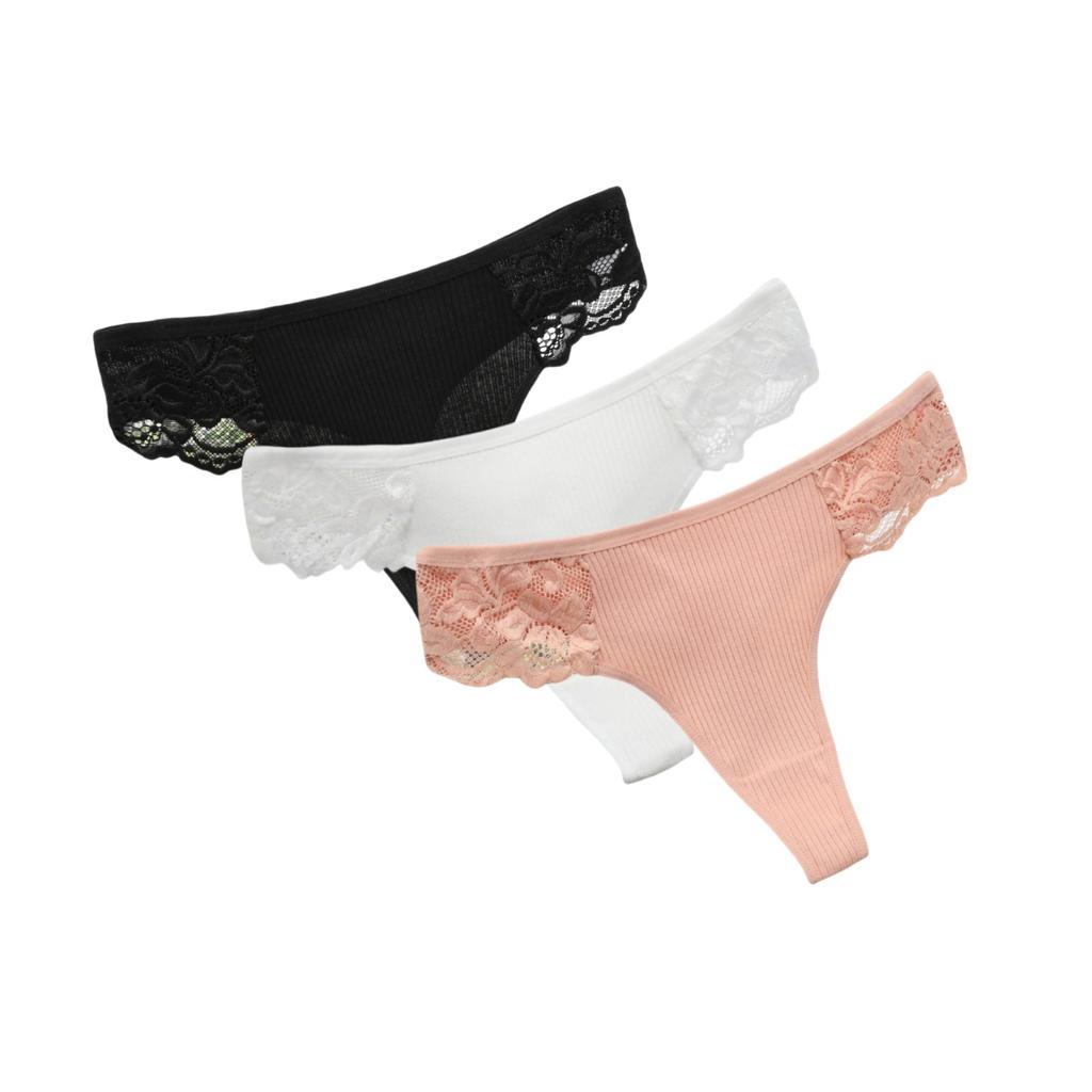 3Pcs/Set Women Cotton G-string Panties Female Underpants Breathable Underwear Solid Color Thongs Lace Trim Comfort Sexy Lingerie