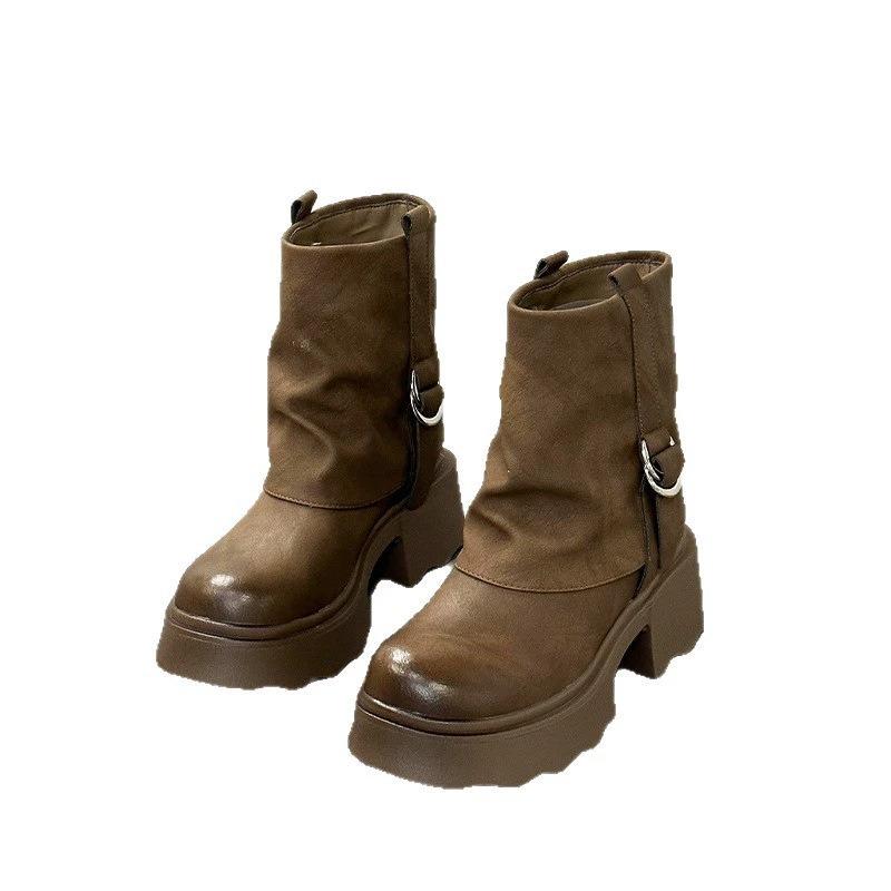 Sheepskin version retro new thick heel new versatile round head stacking boots tube boots Martin boots flat heel