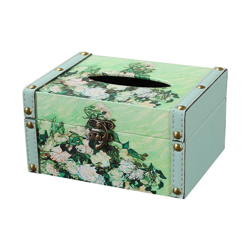 Originalität Ölgemälde von Blumen quadratisch Taschentuchbox Leder Aufbewahrungsbox Wohnzimmer Schreibtisch abgedeckte Papierbox