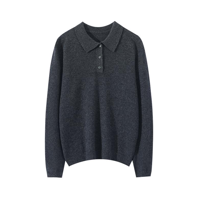 Women's 100% Pure Cashmere Slimming Polo Collar Sweater - Autumn/Winter Casual Long Sleeve Knitwear.