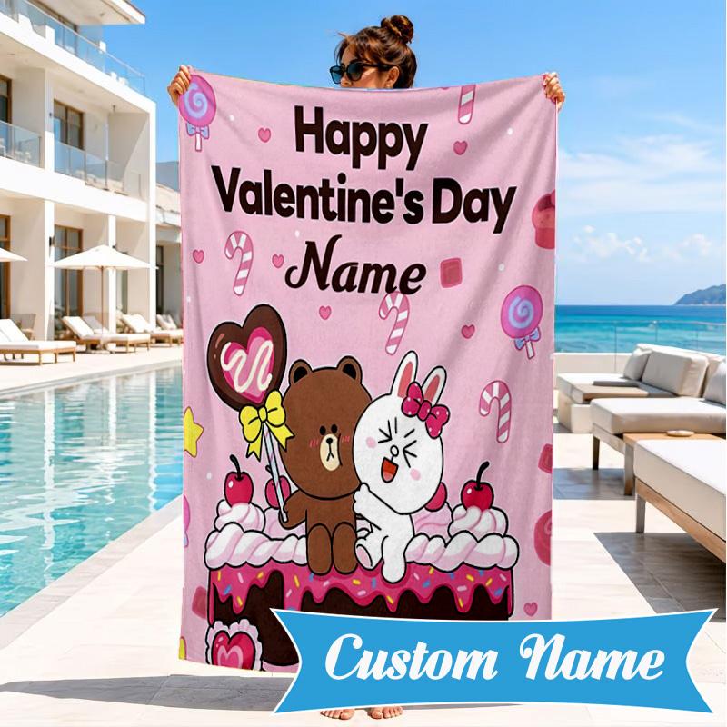 Custom Name Happy Valentine's Day Brown Bear Beach Towel Microfiber Beach Towel, Lightweight and Quick-Dry, for Summer Travel, Swimming Pool Gift
