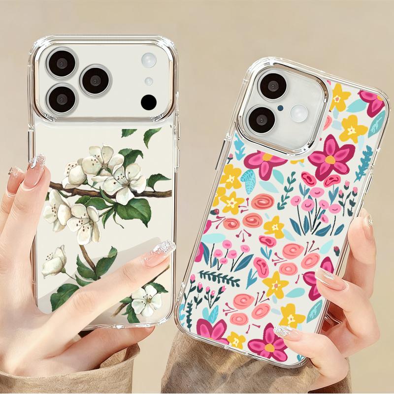 Pink Cartoon Floral Case For iPhone 17 Pro Max iPhone 16 15 14 13 Pro Max 11 17e 16e Plating Lens Frame Clear Soft Silicone Back Cover