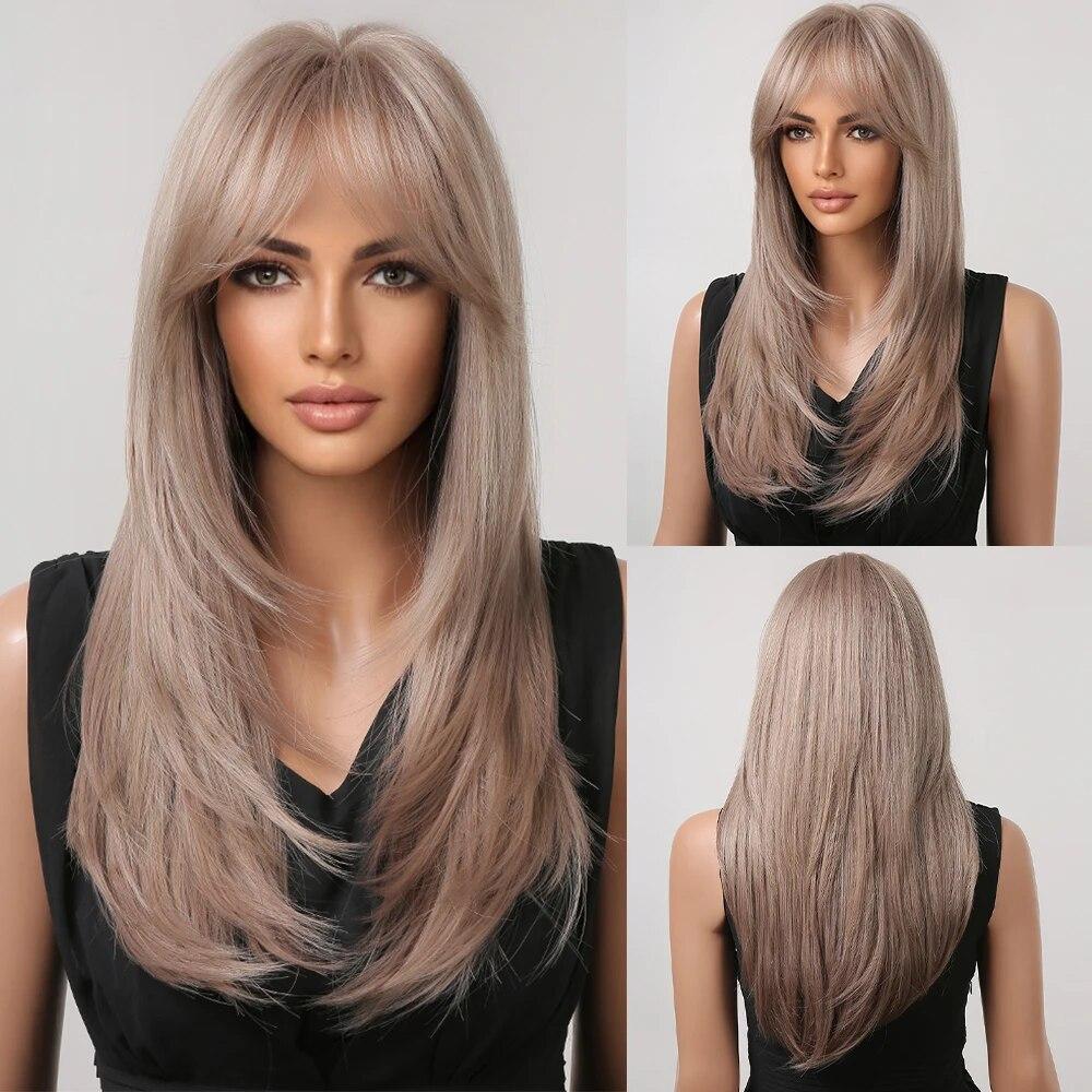 EASIHAIR Dlouhé vlnité paruky s ofinou Černé syntetické paruky pro ženy Denní paruky na vlasy Vlákno odolné vůči teplu