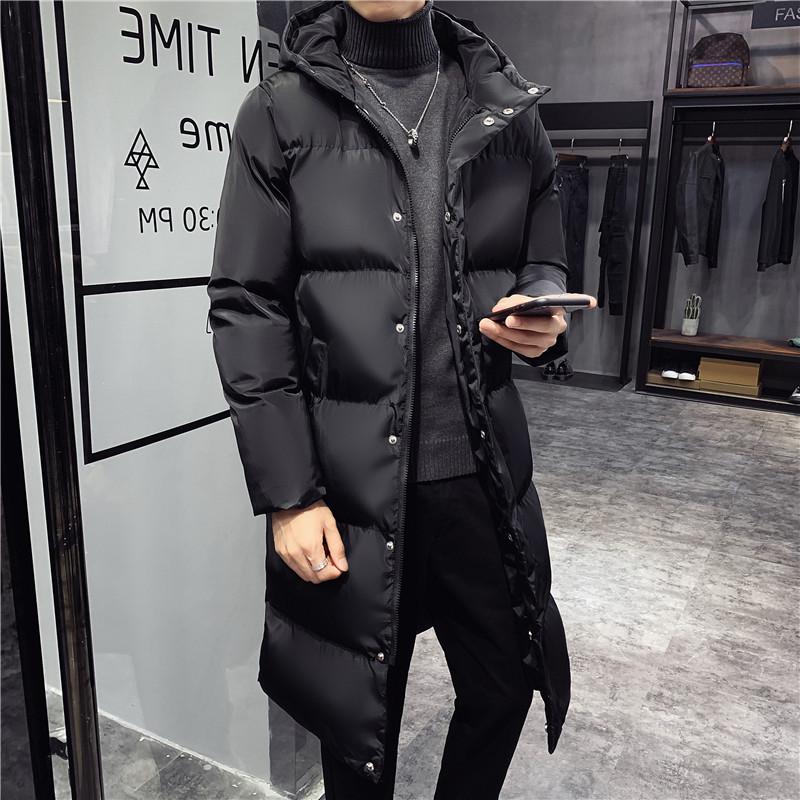 Men's Korean Style Hooded Down Cotton Jacket - Mid-Length, Thickened, Winter Outerwear.