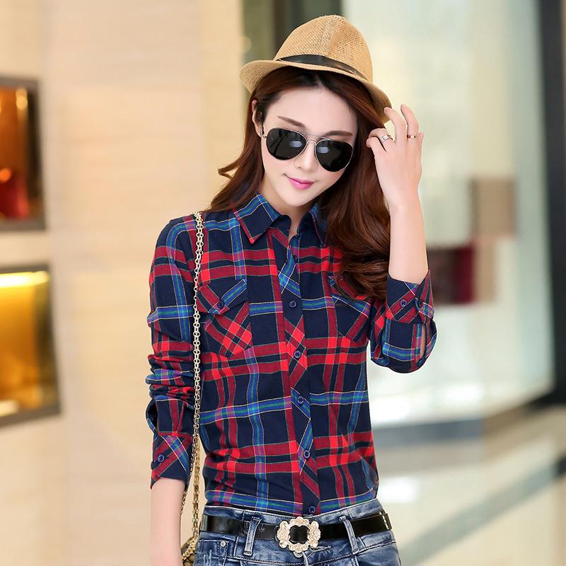 New Cotton Women's Shirts Grid Plus Size M-5XL Blouse Shirt Casual Long Sleeve Checkered Shirt  Turn-down Collar Streetwear