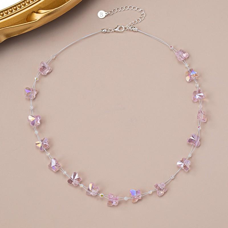 Handmade Crystal Butterfly Choker Necklace With Colorful Beaded Chain Women 2025 Pink