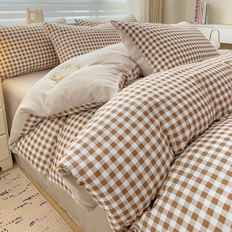 Zweifarbige Aloe-Baumwolle Gebürstetes Karomuster Bettwäsche-Set: Bettdecke, Bettlaken und Kissenbezüge für Wohnheime - MUJI Stil