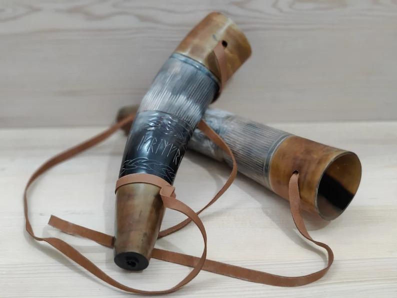 Pair of Medieval VIKING WAR HORN battle trumpet Hand Engraved Blow Bull Horn Working Horn Gift Natural Horn Bugle Hunting Tool Gift Decor