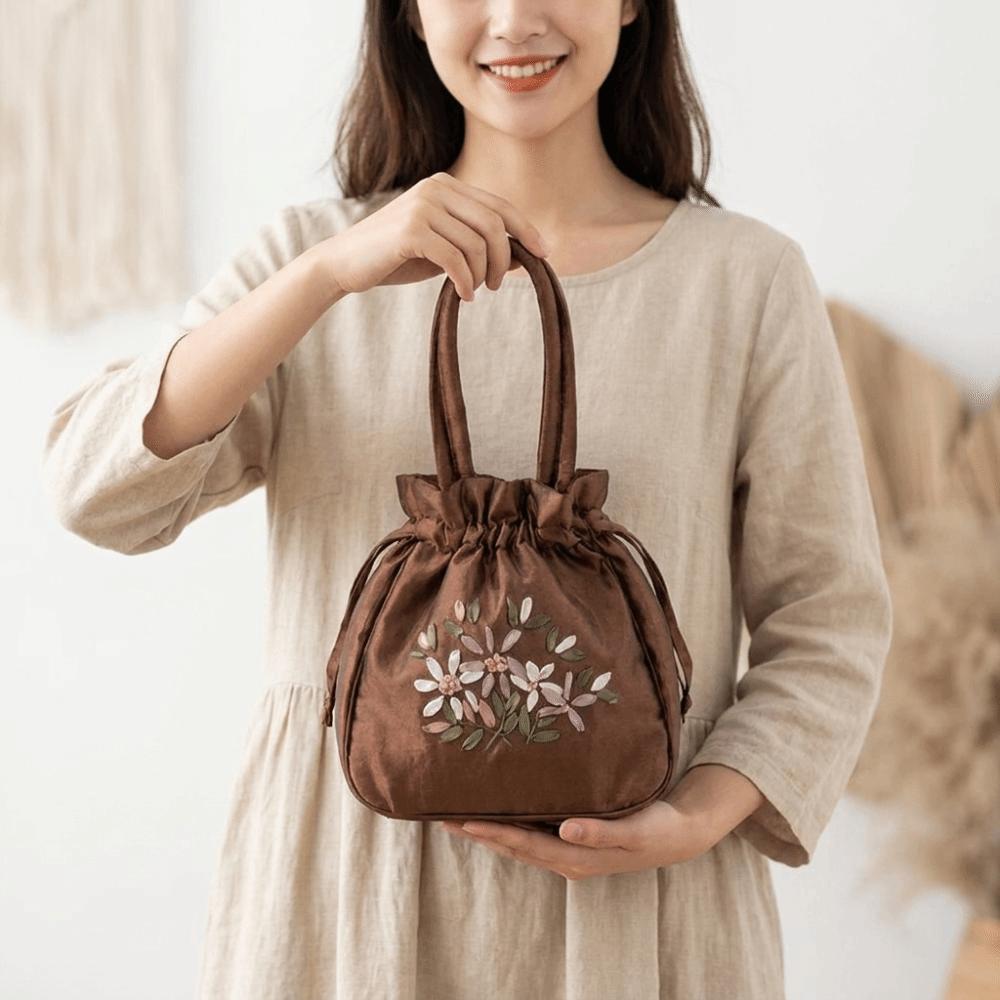 Satin Silk Hanfu Drawstrings Bag Leaf Small Purse Wallet Fashion Embroidery Flower Handbag Daily
