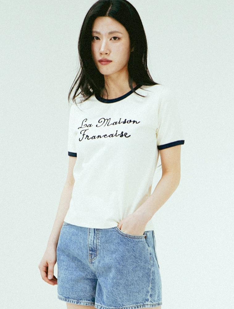 LA MAISON STUDIO Women'S Maison Chain Logo Single Jersey Ringer Short Sleeve T-Shirt Cream Navy (Fcf2Ts534W)