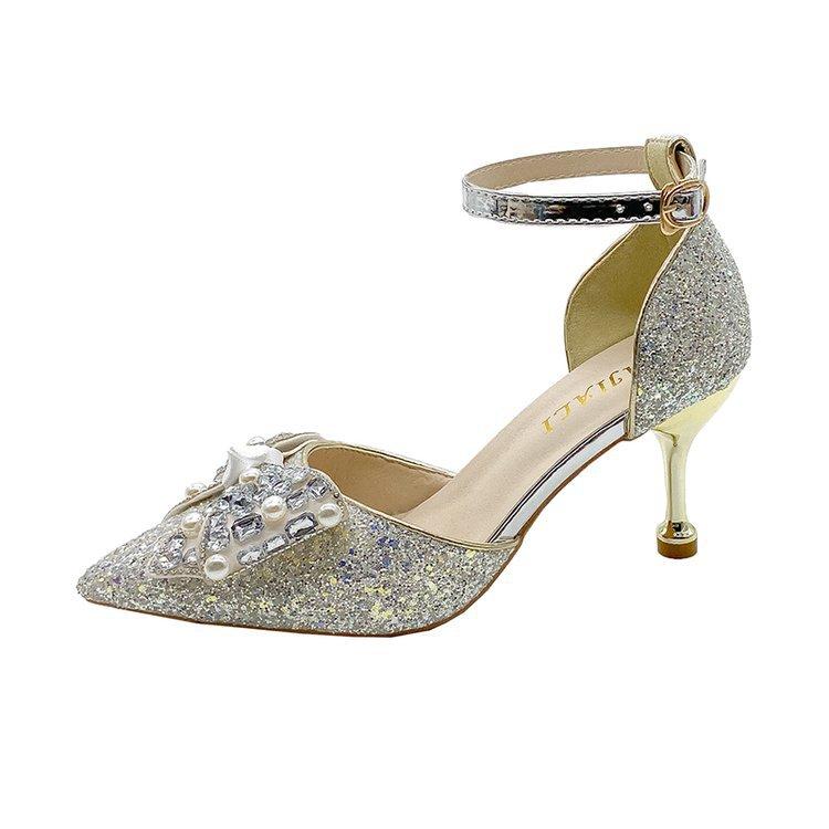 Fashion 2025 Spring Summer New Sequins Pointed Toe Pumps for Women Fashion Rhinestone Bow High Heels Bride 5cm 7cm Thin Heeled Shoes