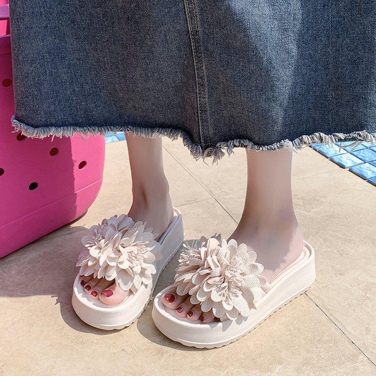 Fashion Flower Slippers Women Summer Platform Shoes Shale Female Beach Low Slides Pantofle Sabot 2025 Fabric Rome Hoof Heels Scandals Ru