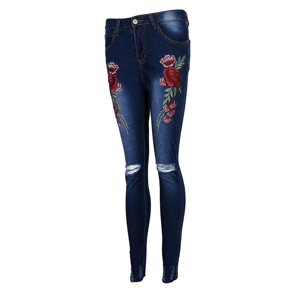 Rose Embroidered Jeans Pants 