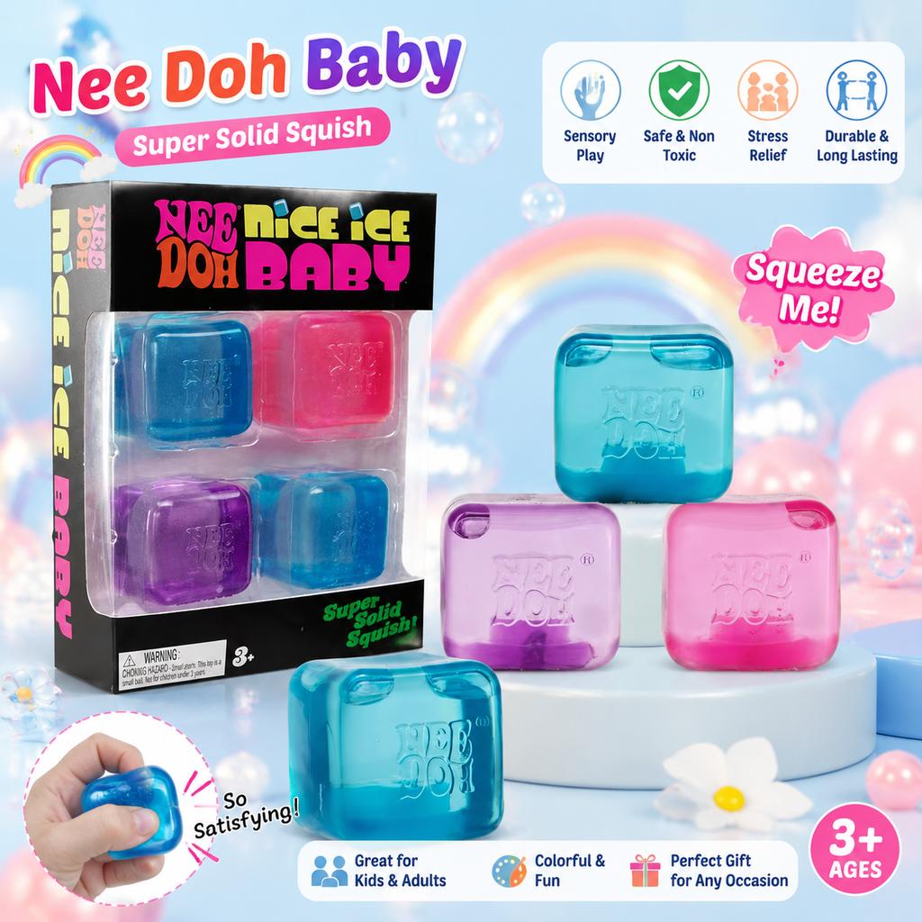4-Pack Translucent Ice Cube Design Nee Doh Nice Super Solid Squish Squeeze Toy Stress Relief Fidget Toy Set For Sensory Play