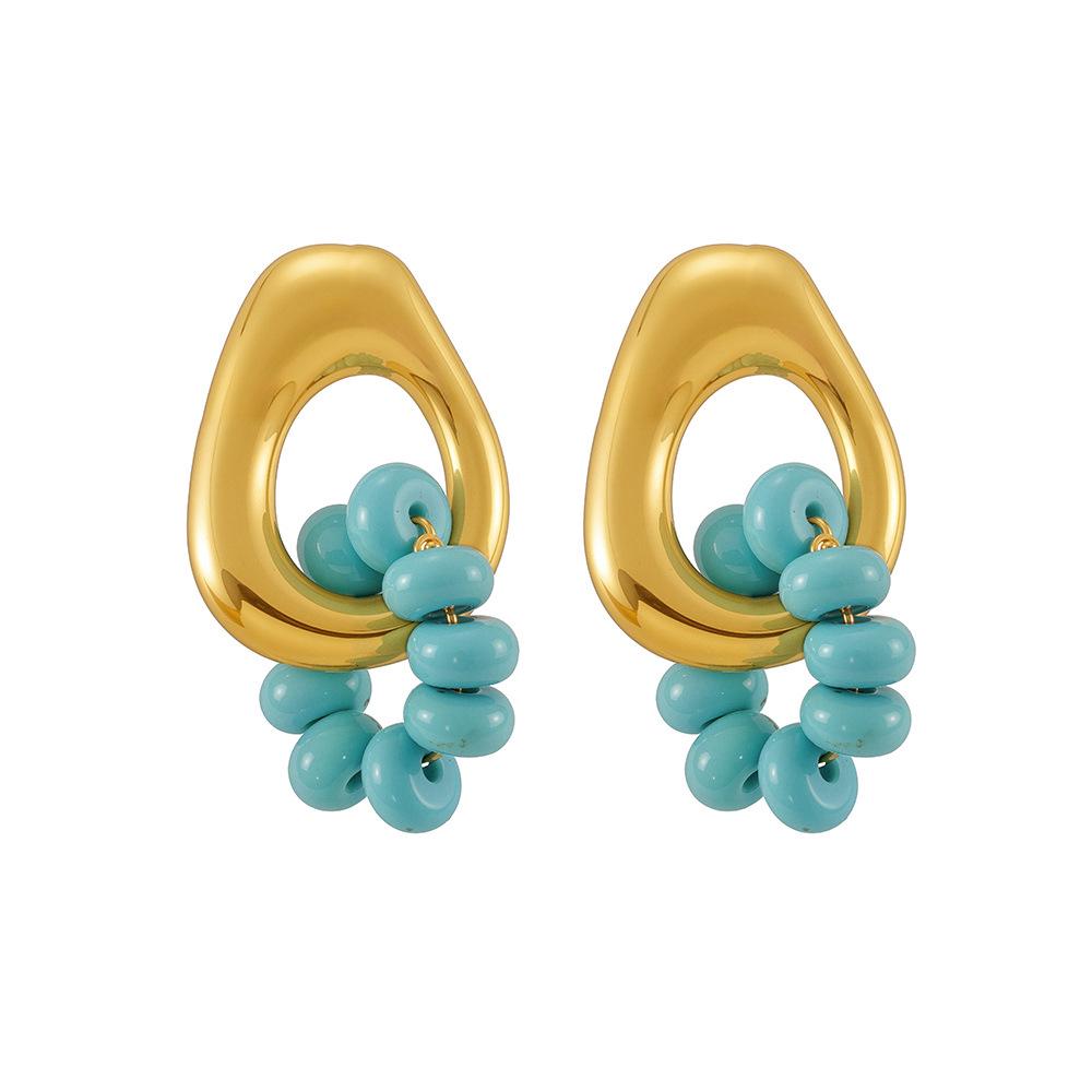Qiong Yao Turquoise Beaded Pendant Earrings, 18K Gold-Plated Stainless Steel, Fade-Resistant Exquisite Design