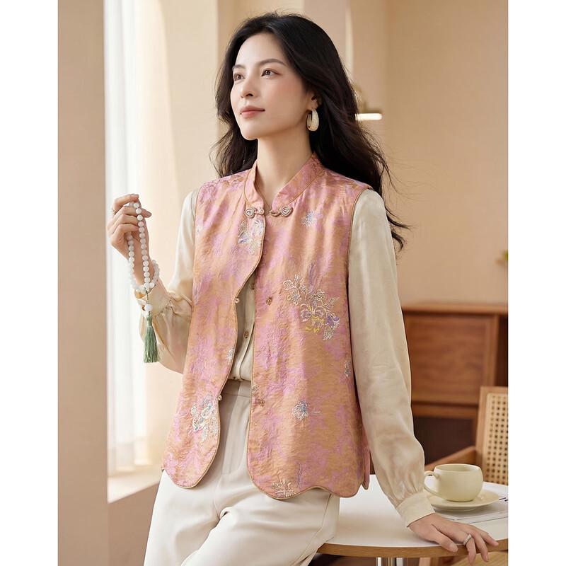 Elegant Chinese Style Beaded Sleeveless Vest for Women XL розовый