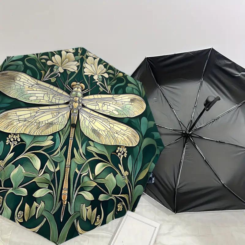 1pc Dragonfly Floral Automatic Open/Close Umbrella with Windproof, 8-Rib Sturdy Canopy, Durable Ribs, Fashionable Design1257A