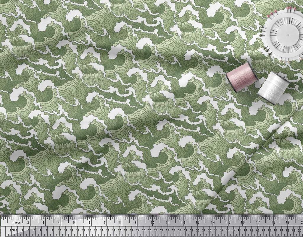 Soimoi Japan Crepe Satin Fabric Waves Shirting Decor Fabric Printed Metre 42 Inch