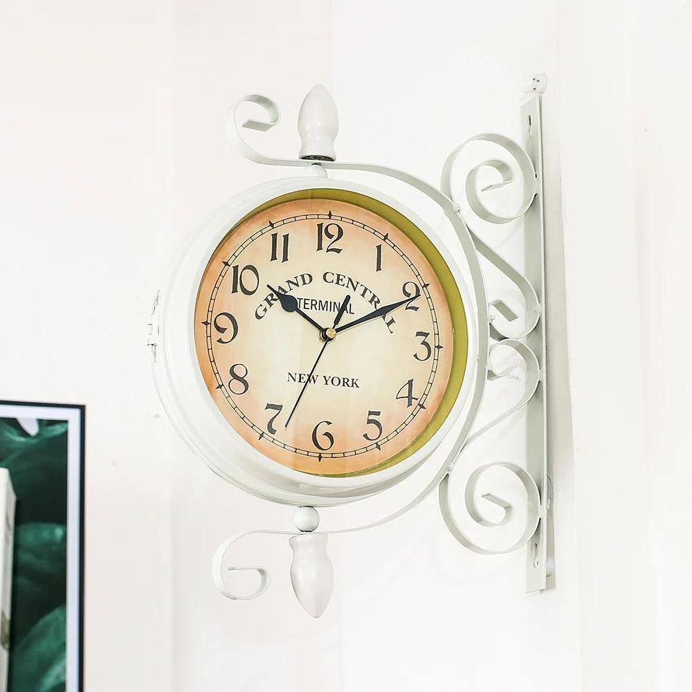 European Style Iron Double Sided Quiet Vintage Station Clock Garden Coffee Bar Decoration Chandelier Round Wall Hanging Clock
