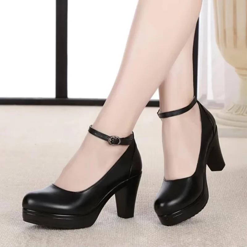 8cm 10cm Small Size 33-43 Elegant Comfortable Shallow Soft Leather Shoes Platform Pumps 2025 Fall Block High Heels Shoes Office