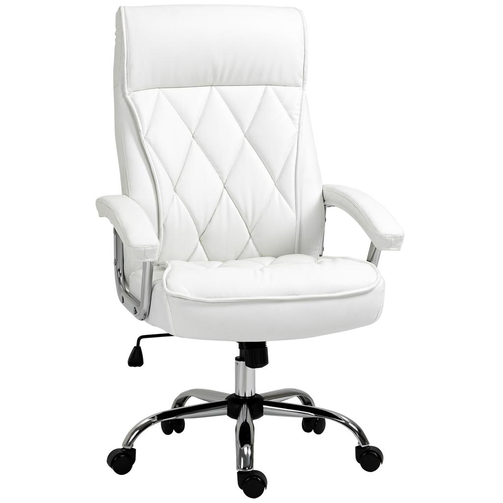 Office Chair, Ergonomic Desk Chair, Height-Adjustable Swivel Chair with Tilt Function, Diamond Pattern, Faux Leather, Padded Executive Chair, White