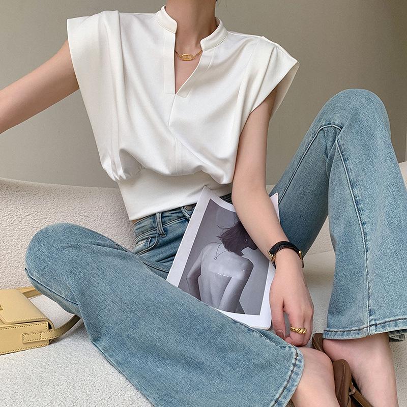 

Summer 2025 Celebrity Black V-Neck Slimming Short Sleeve Women s Top M білий