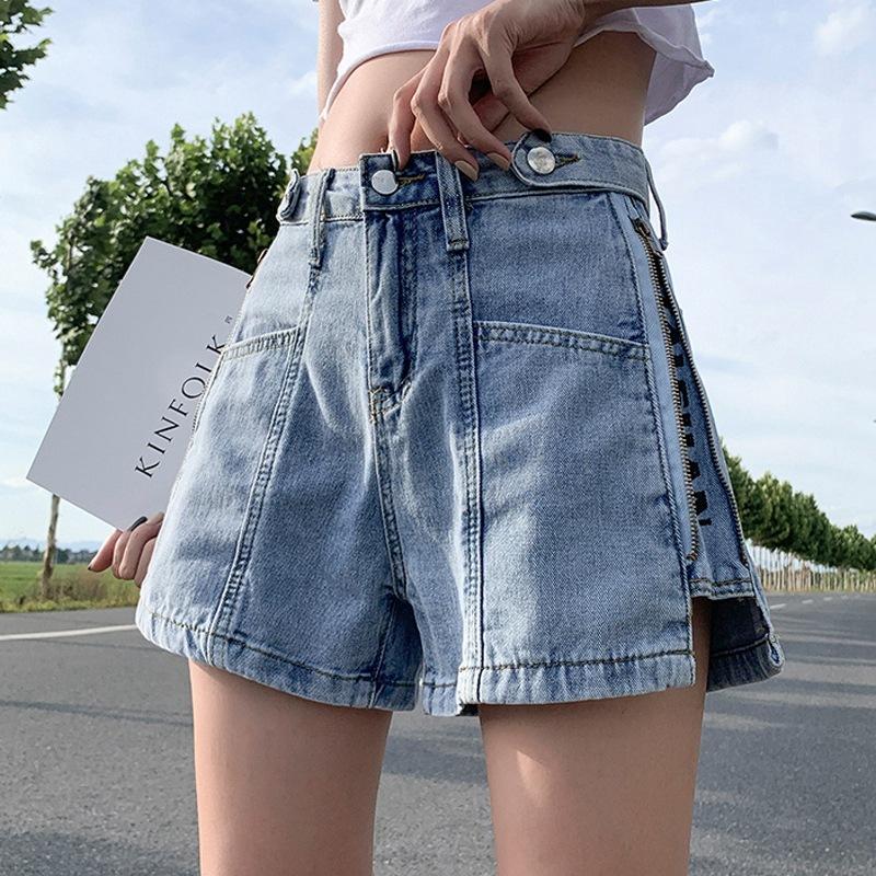 

Классические и минималистичные модные универсальные широкие женские летние светлые тонкие джинсовые шорты А-силуэта с высокой талией и боковой молнией индивидуальность 2XL светло-синий