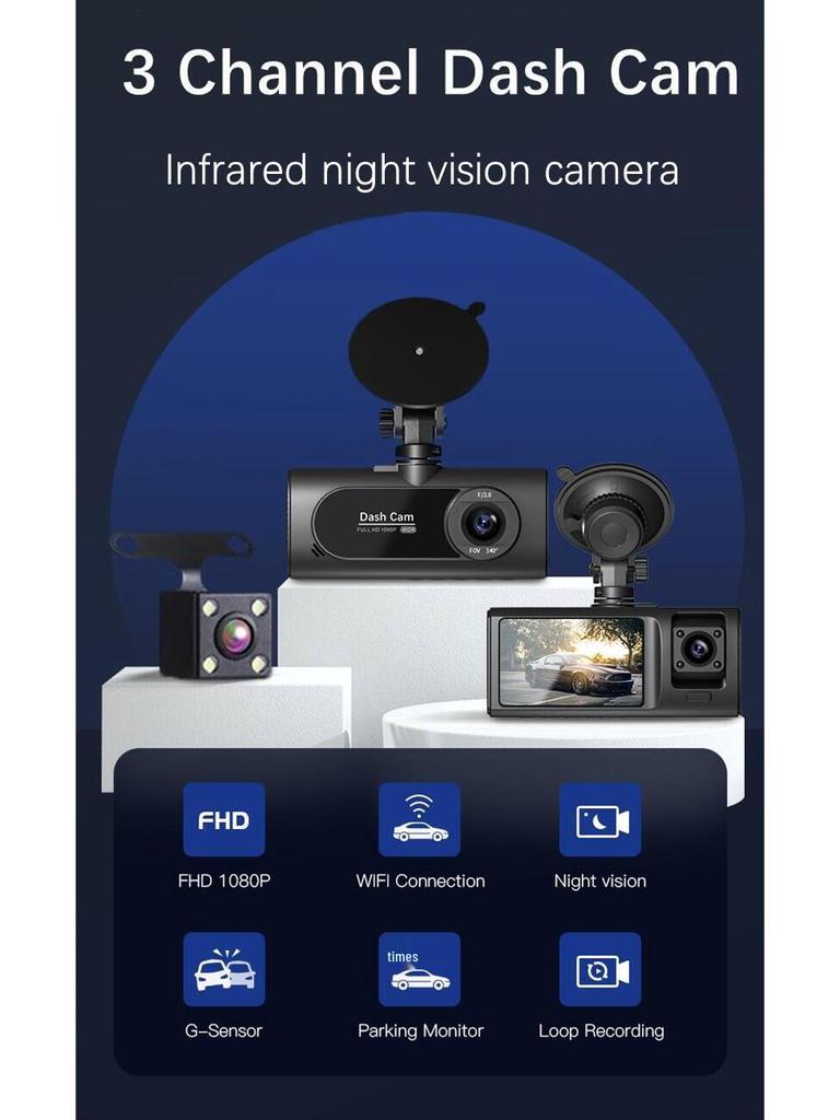 3-Channel 1080P WiFi Dashcam with Infrared Lights for Interior, Exterior, and Rear Recording