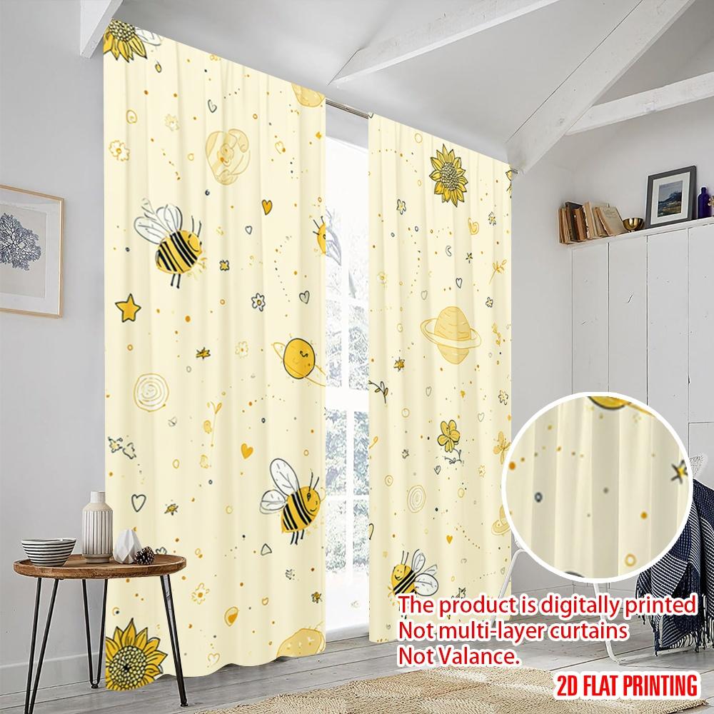 2pcs 2D Flat Printing Curtains Cute Bee Flower Stars Polyester Without Electricity Party Decorations Use for Indoor Celebrations
