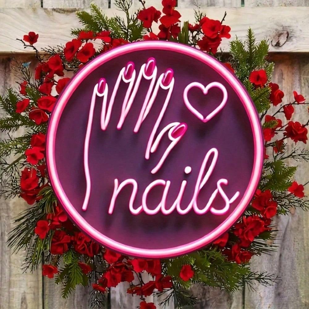 1pc Pink Neon Sign Nail Salon Decor, 20x20cm Round Laser Cut Iron Wall Art Hanging