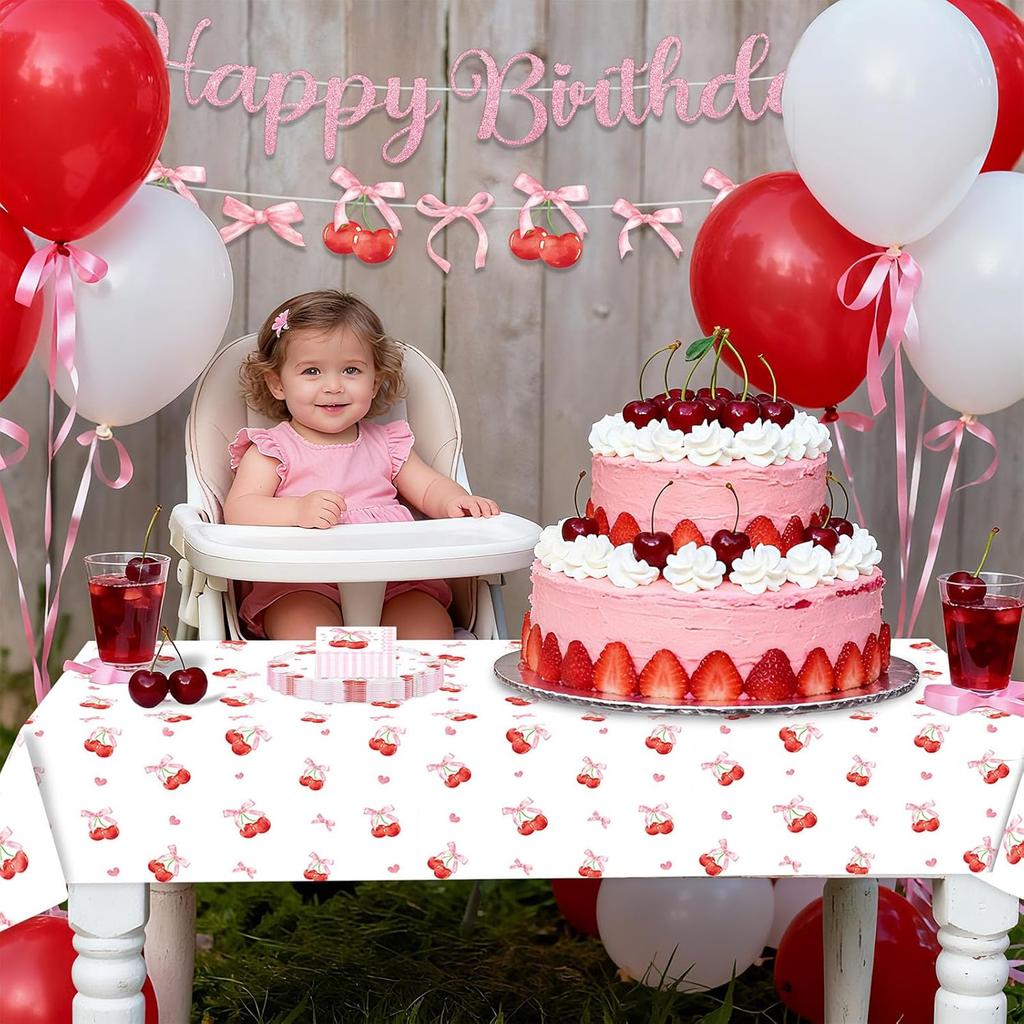 Cherry Party Decorations,Cherry Bow Birthday Banner Cherry Disposable Tablecloth Tattoo Stickers Fan-Shaped Cherry Bow Paper Plates with Napkin Sets