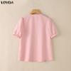 VONDA Women Casual O Neck Solid Color Summer Short Sleeve Blouse Tops