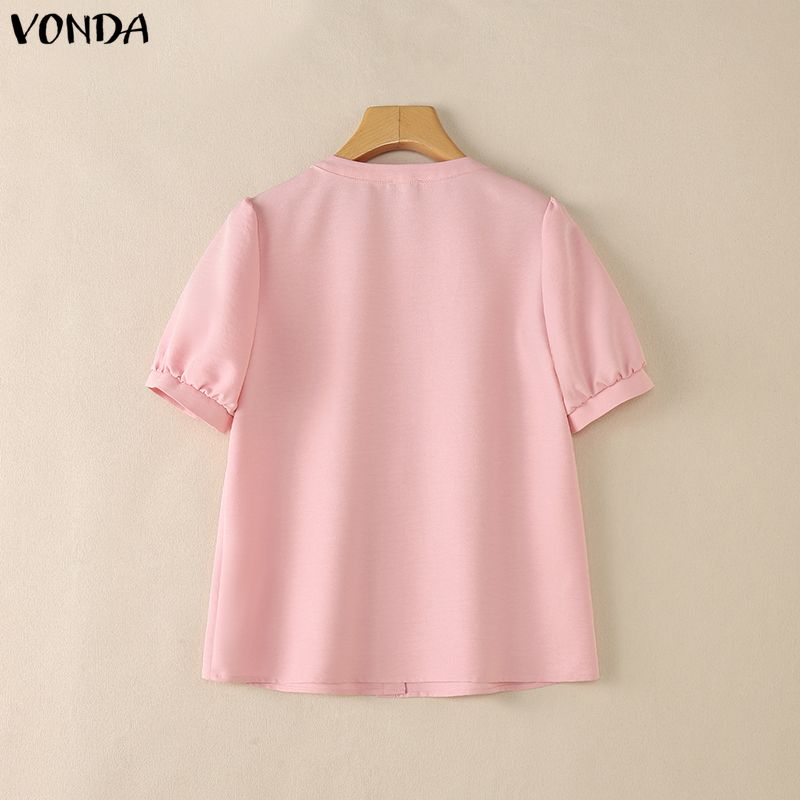 VONDA Women Casual O Neck Solid Color Summer Short Sleeve Blouse Tops