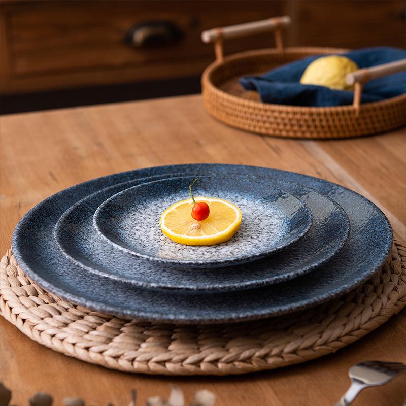 Japanese-Style Ceramic Round Flat Plate - Ideal for Steak, Pasta, or Dinnerware.